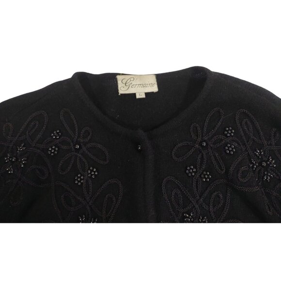 VTG Germaine Women's Beaded Embellished Black Cardigan Jacket Lambswool Angora L - Picture 2 of 5